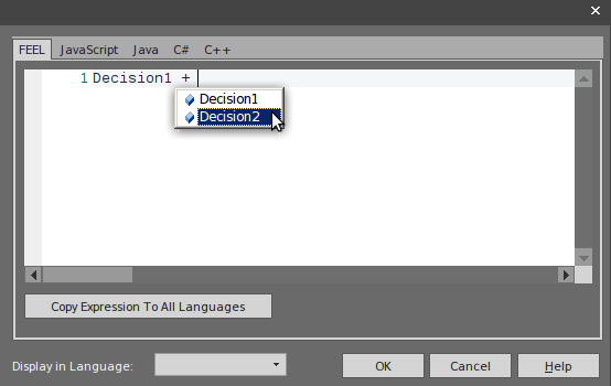 Setting a FEEL expression for a DNM decision using Sparx Systems Enterprise Architect.